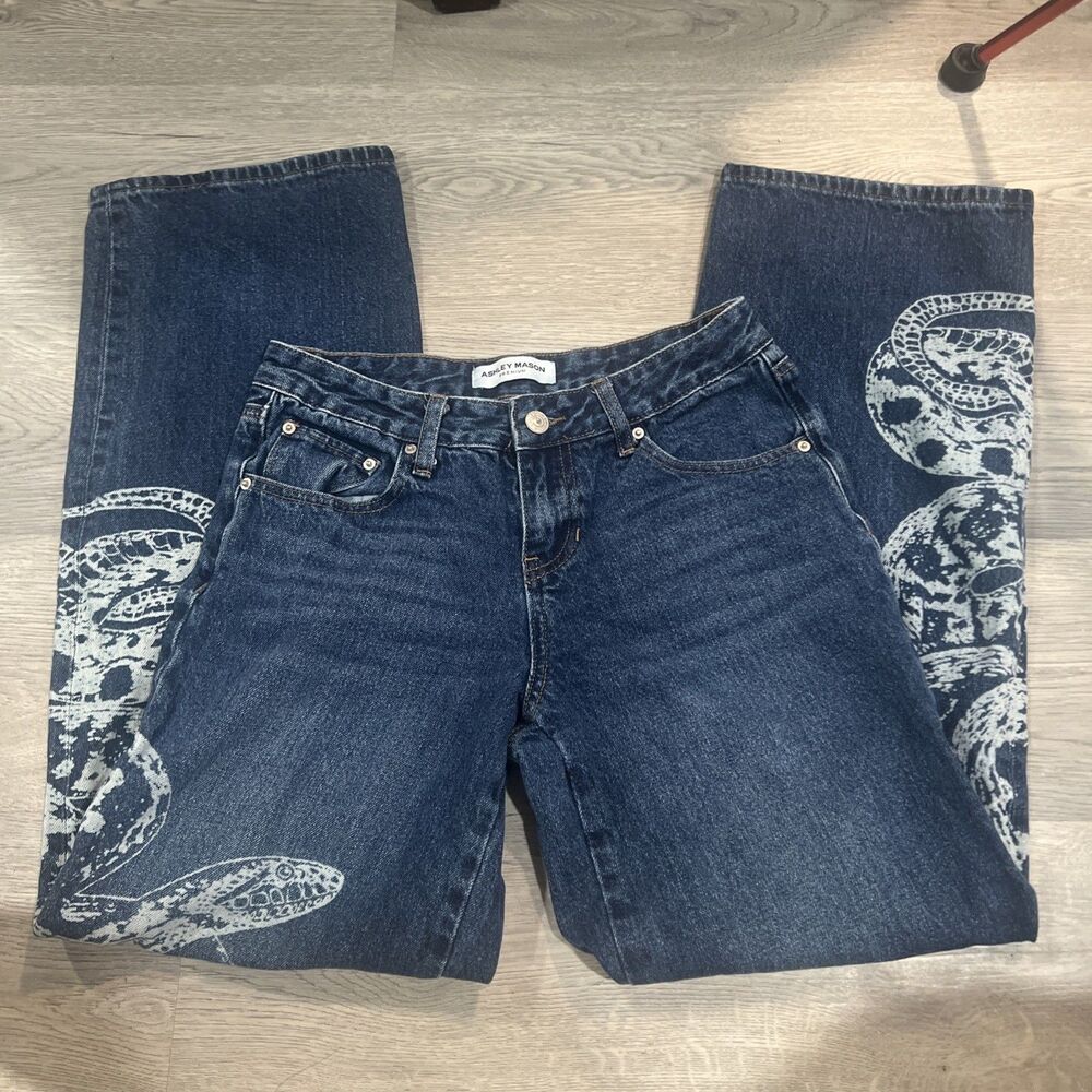 Ashley Mason Premium Snake Graphic Wide Leg Jeans Size 3/26 Dark Wash